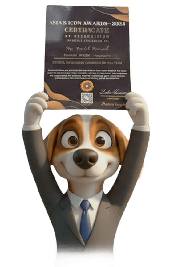Netpuppys mascot holding the Marketing Agency of the Year award