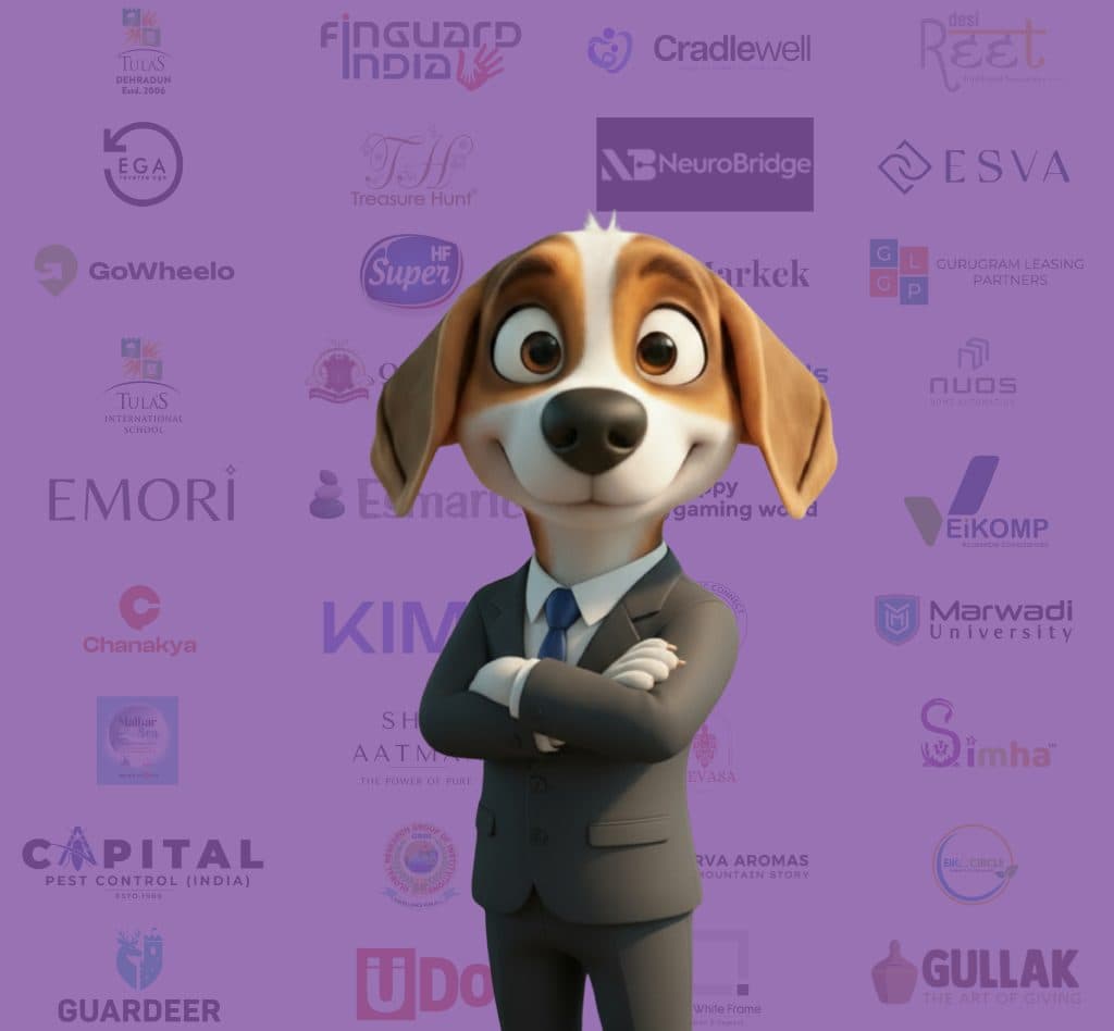 The Netpuppys mascot in front of client logos